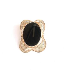Vtg Sign 12K Gold Filled Burt Cassell Art Deco Filigree Black Onyx Brooch